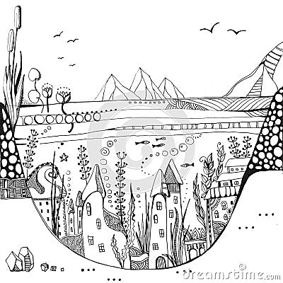 Underwater town. Houses among seaweed on bottom of the lake. Fantasy black and white drawing Stock Photo