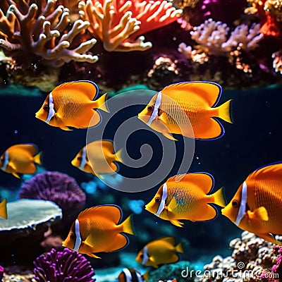 Underwater tropical fish swimming in coral, bright colorful aquarium Stock Photo