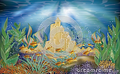 Underwater tropical wallpaper with sand castle Vector Illustration