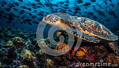 Underwater turtle swimming in blue sea with colorful fish generated by AI Stock Photo