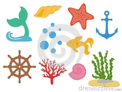 Underwater. Under the sea - mermaid tail, starfish, seashells, gold fish, coral, seaweed, handwheel, anchor, bubbles. Sea life. Ma Vector Illustration