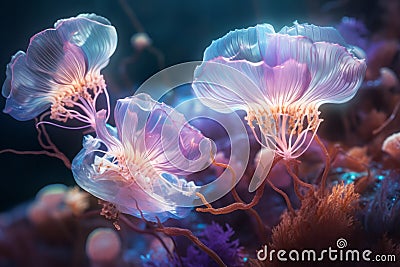 Underwater vibrant jellyfish and marine life in a neon fantasy Stock Photo