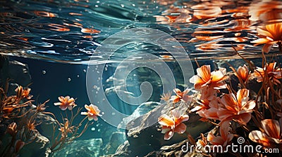 Underwater view of flowers and rocks at the bottom of the river Stock Photo