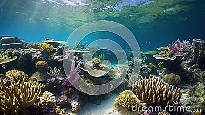 an underwater view of a coral reef with lots of corals Stock Photo