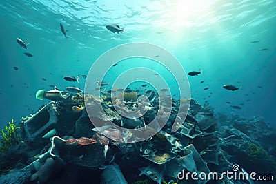 Underwater view of a large amount of trash in the ocean, Underwater view of a pile of garbage in the ocean. 3d rendering, AI Stock Photo