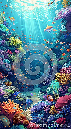 An underwater view of ocean corals and coral reefs Cartoon Illustration