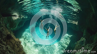 Underwater view of people swimming in a clear cenote with light beams filtering through Cartoon Illustration