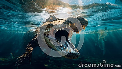 Underwater view of a powerful crocodile with jaws wide open, Generative AI Stock Photo