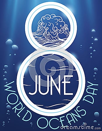 Underwater View with Reminder Date for World Oceans Day, Vector Illustration Vector Illustration