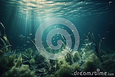 an underwater view of a seaweed reef with sunlight streaming through the water's waterline, with fish swimming in t Stock Photo
