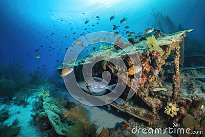 underwater view of sunken ship with coral and fish swimming among the wreckage Stock Photo