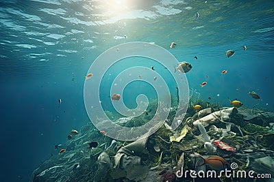 Underwater view of a tropical coral reef with fish and garbage, Underwater view of a pile of garbage in the ocean. 3d rendering, Stock Photo
