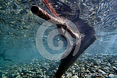 Underwater views of the Black Sea. Different objects and garbage under water, freediving. Stock Photo