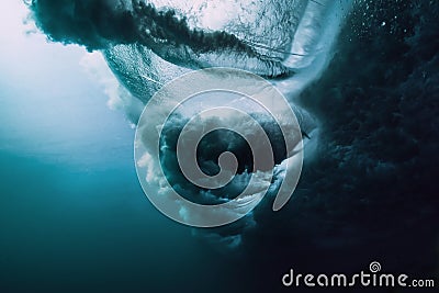 Underwater wave. Blue powerful wave crashing in ocean Stock Photo