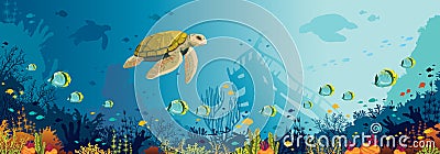 Underwater wildlife - turtle, coral reef, fish, sunken ship, sea Cartoon Illustration