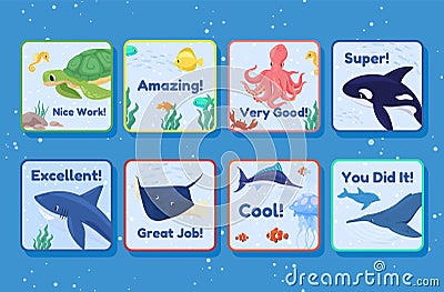 Underwater world awards squared stickers set vector illustration. Motivational phrases emblem Vector Illustration