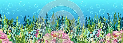 Underwater world background, seabed with seaweed and coral reef, seascape horizontal seamless border, ocean bottom, multicolored Vector Illustration