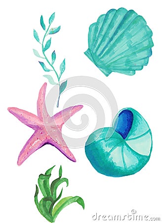 Underwater world colorful design elements collection. Marine wildlife silhuettes set. Seaweed, corals Stock Photo