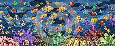 Underwater world colorful fishes and Underwater atmosphere Wall Stock Photo