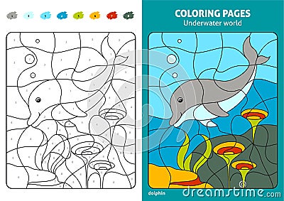 Underwater world coloring page for kids, dolphin. Vector Illustration