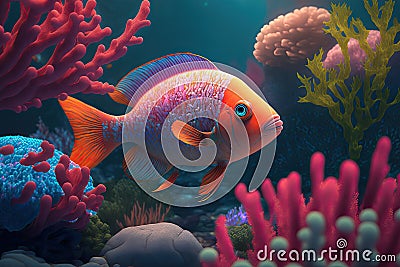 Underwater world. Coral reef and tropical fish background. Generative AI Illustration Stock Photo