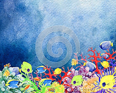 Underwater world and coral reefs hand painted watercolor backgr Stock Photo
