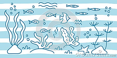 Underwater world. Drawings of fish, shrimp, marine plants and shells . Blue waves on a white background. Vector illustration Cartoon Illustration