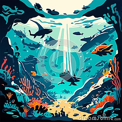 Underwater world with fish, corals and seaweed. Vector illustration AI generated Vector Illustration