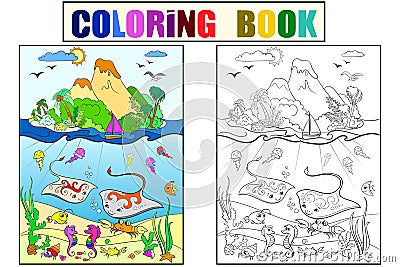 Underwater world with fish, plants, island and caravel coloring for children cartoon vector illustration Vector Illustration