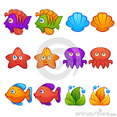 Underwater world, fish, stars, octopus, bubble shooter, match 3, vector objects and blocks Vector Illustration