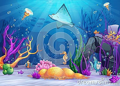 Underwater world with a funny fish and fish ramp Stock Photo