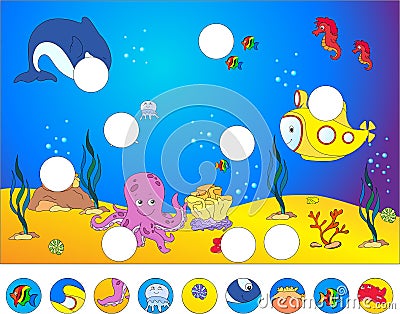 Underwater world and marine life: complete the puzzle Vector Illustration