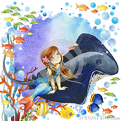 Underwater world. Mermaid and fish coral reef. watercolor illustration for children Cartoon Illustration