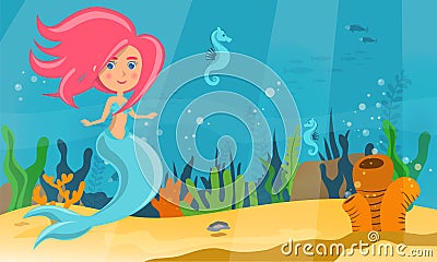 Underwater world of mermaid, fish and sea horses. Wild nature of marine life water nymph cute nixie Vector Illustration
