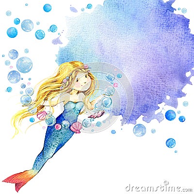 Underwater world. Mermaid watercolor illustration for children Cartoon Illustration