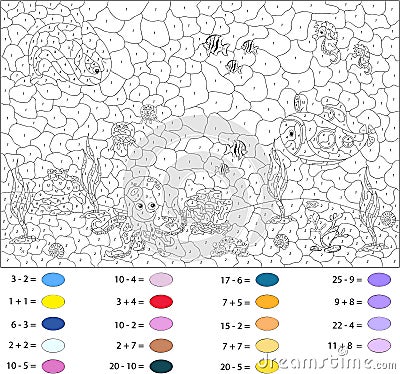 Underwater world, ocean floor with octopus, submarine, whale, fish, corals and sea shells. Color by number educational game for k Vector Illustration