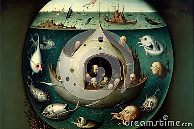 Underwater world painting in Hieronymus Bosch style illustration generative ai Cartoon Illustration