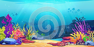 Underwater world sea bottom, coral reef, seaweeds Vector Illustration