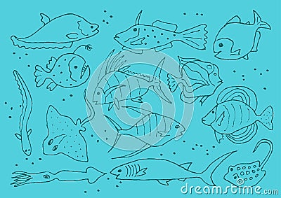 Underwater world sea life ocean fish icon set. Rare fish sketch collection. Hand drawn vector illustration. Vector Illustration