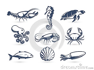 Underwater world vector icon collection. Engraving silhouette modern style. Lobster, turtle, crab, seahorse, shrimp Vector Illustration