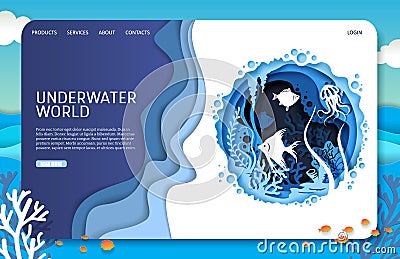 Underwater world vector website landing page design template Vector Illustration