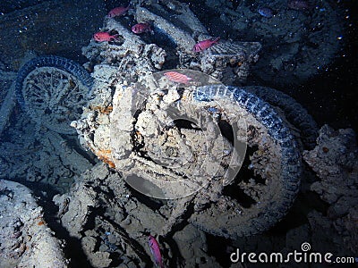 Underwater wreck motorcycle wreck found inside the wreck of thistegorm in Egypt Stock Photo