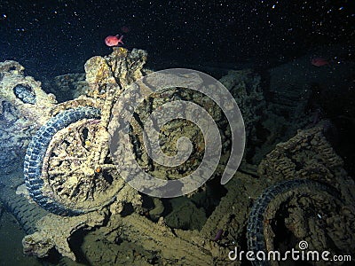 Underwater wreck motorcycle wreck found inside the wreck of thistlegorm in Egypt Stock Photo