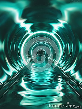 An undulating, emerald-hued corridor stretches into the distance, with mesmerizing waves of light and geometric patterns creating Stock Photo