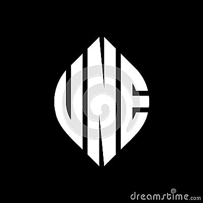 UNE circle letter logo design with circle and ellipse shape. UNE ellipse letters with typographic style. The three initials form a Vector Illustration