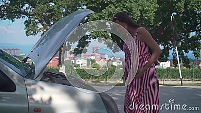 Une femme enceinte se trouve près d'une voiture détruite sur une route rurale. La jeune fille en colère ne sait pas quoi faire banque de vidéos Une femme enceinte se trouve près d'une voiture détruite sur une route rurale. La jeune fille en colère ne sait pas quoi faire banque de vidéos