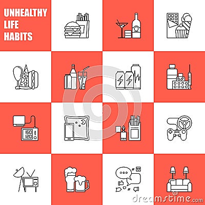 Unealthy lifestyle habits black and white line vector icons isolated. Fast junk food cola hanburger pizza. Bag habit Vector Illustration