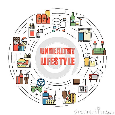 Unealthy lifestyle habits colorful line vector icons isolated. Fast junk food, bag habits, waste of time. Obesity and Vector Illustration