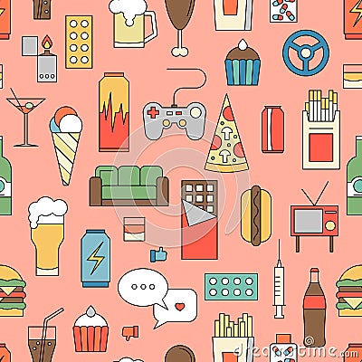 Unealthy lifestyle habits colorful line vector icons seamless pattern. Fast junk food cola hanburger pizza. Bag habit Vector Illustration