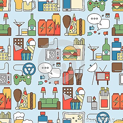 Unealthy lifestyle habits colorful line vector icons seamless pattern. Fast junk food cola hanburger pizza. Bag habit Vector Illustration